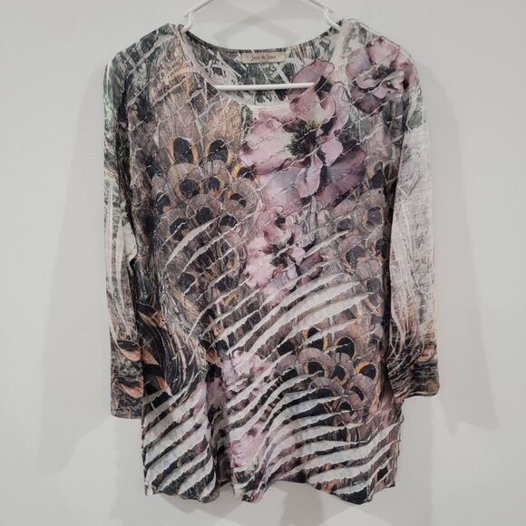 Jess And Jane Womens Top Size XL Artsy Abstract Floral Peacock Print Ruffle - Picture 1 of 4